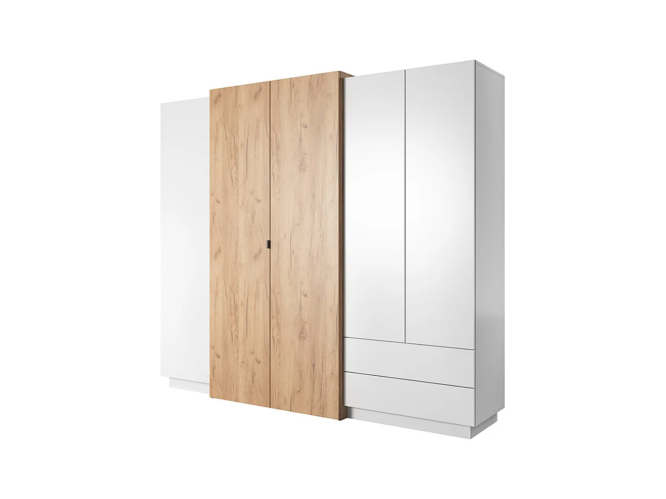 Armadio 230x199cm con 4 ante battenti con specchio interno e 2 cassetti moderno bianco e rovere ALK13