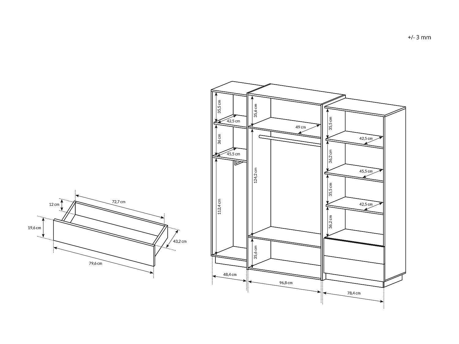 Armadio 230x199cm con 4 ante battenti con specchio interno e 2 cassetti moderno bianco e rovere ALK13