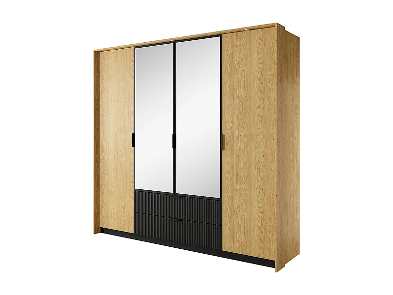 Armadio 223x210cm con 4 ante battenti con specchio e 2 cassetti moderno rovere e nero ALK4