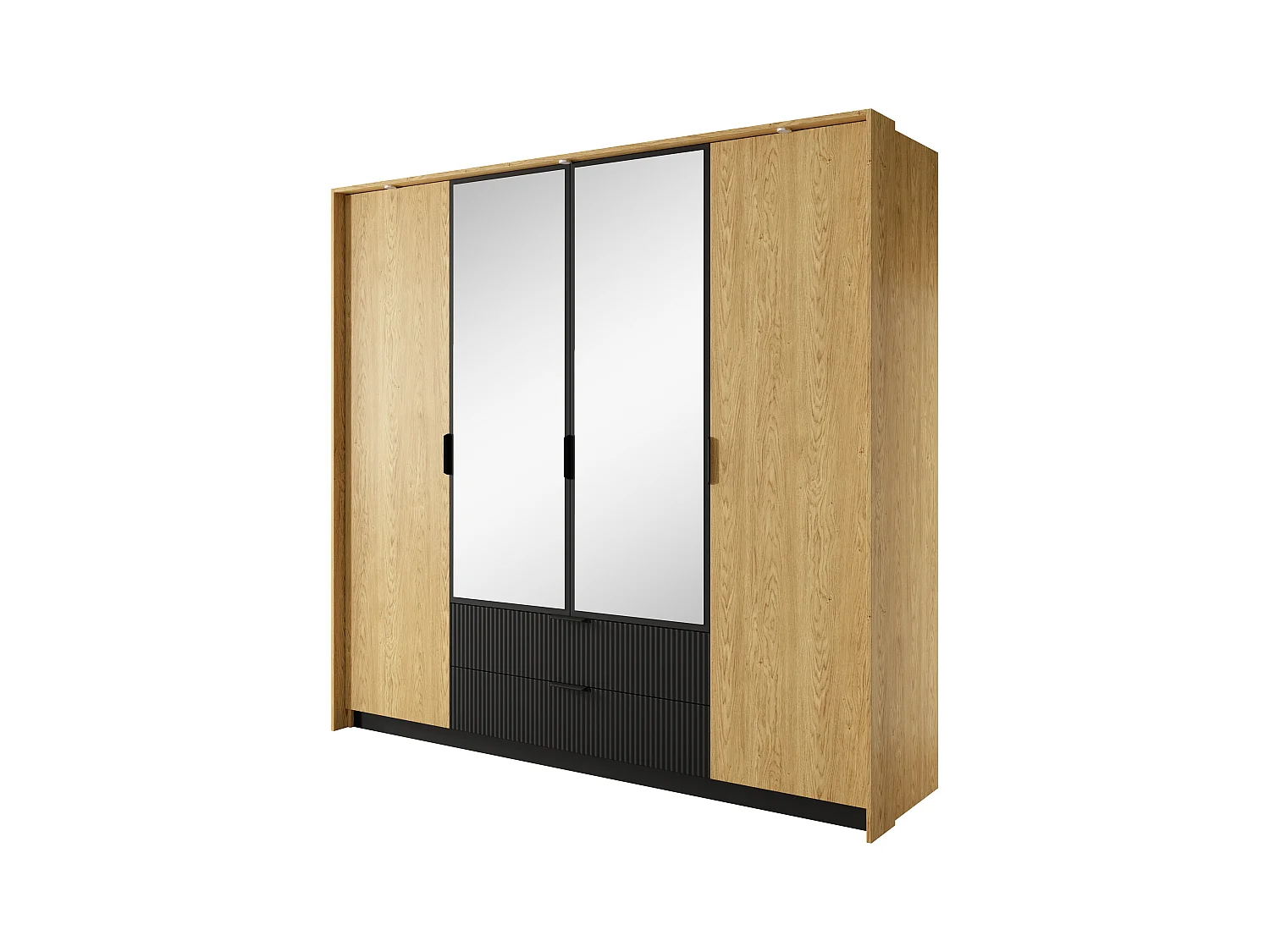 Armadio 223x210cm con 4 ante battenti con specchio e 2 cassetti moderno rovere e nero ALK4