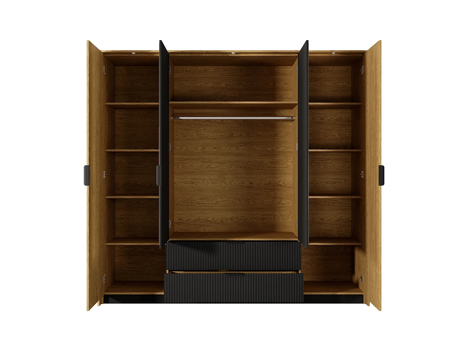 Armadio 223x210cm con 4 ante battenti con specchio e 2 cassetti moderno rovere e nero ALK4