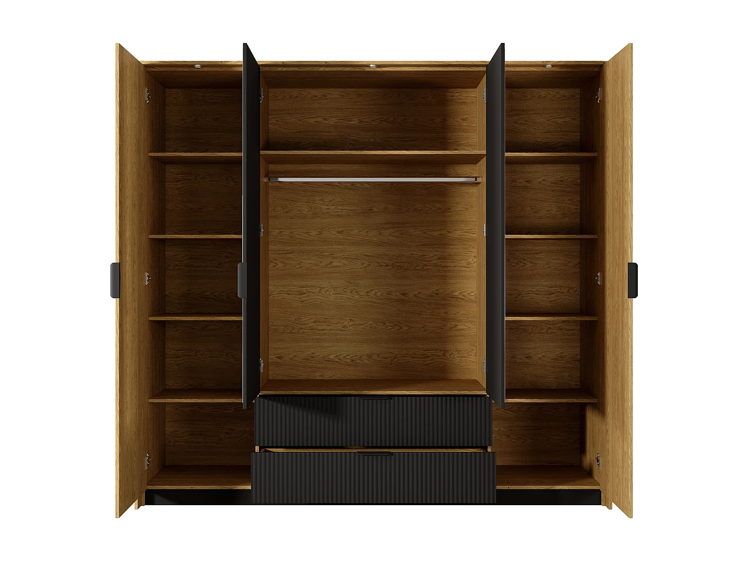 Armadio 223x210cm con 4 ante battenti con specchio e 2 cassetti moderno rovere e nero ALK4