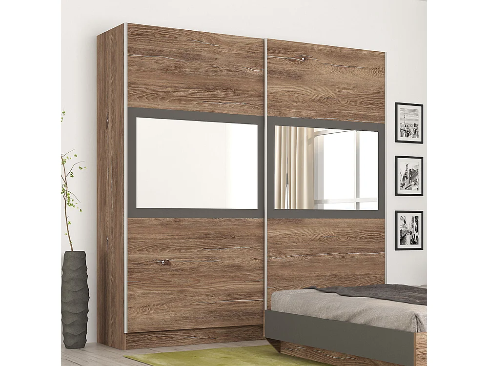 Armadio ad ante scorrevoli con specchio marrone e grigio antracite AG9