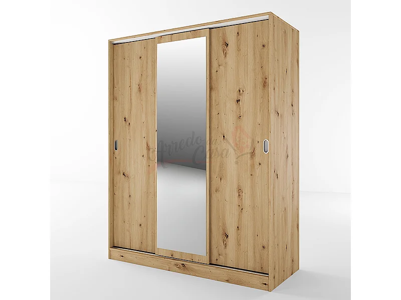 Armadio con tre ante scorrevoli e specchio design moderno effetto legno 150x191 rovere AI1006