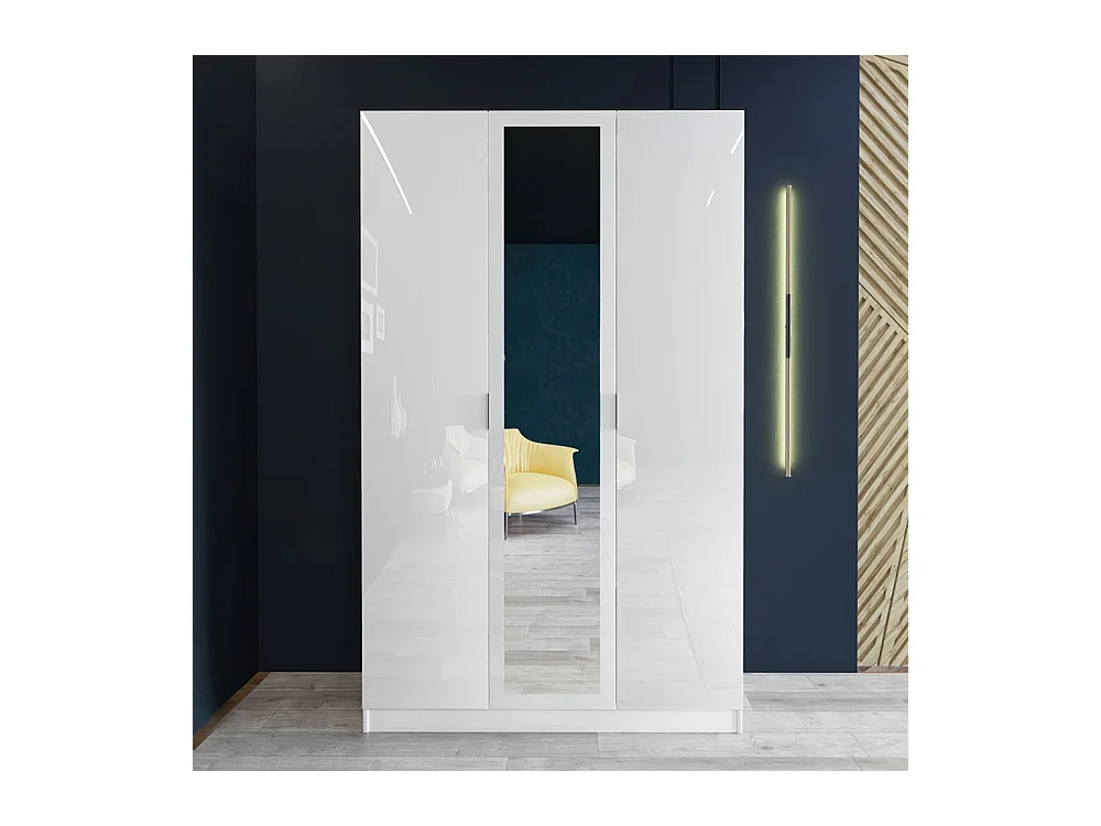 Armadio con tre ante battenti design moderno con specchio centrale 120x190 bianco lucido AI1