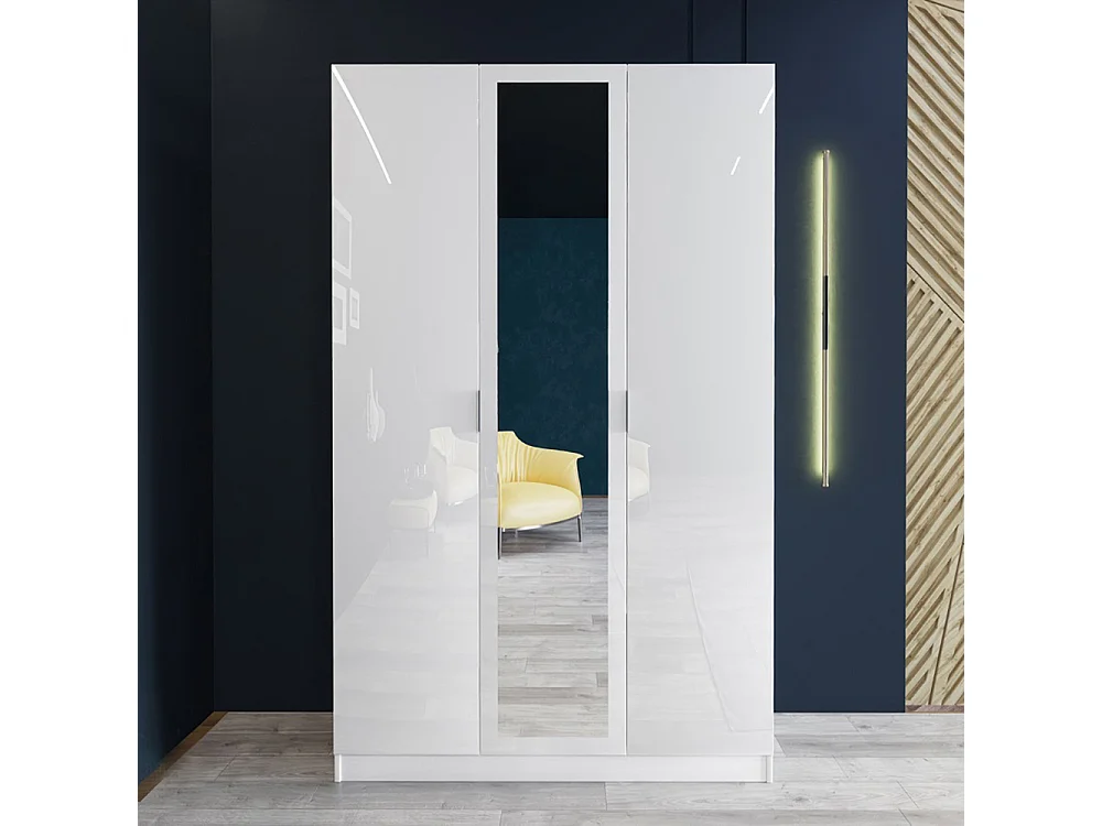 Armadio con tre ante battenti design moderno con specchio centrale 120x190 bianco lucido AI1