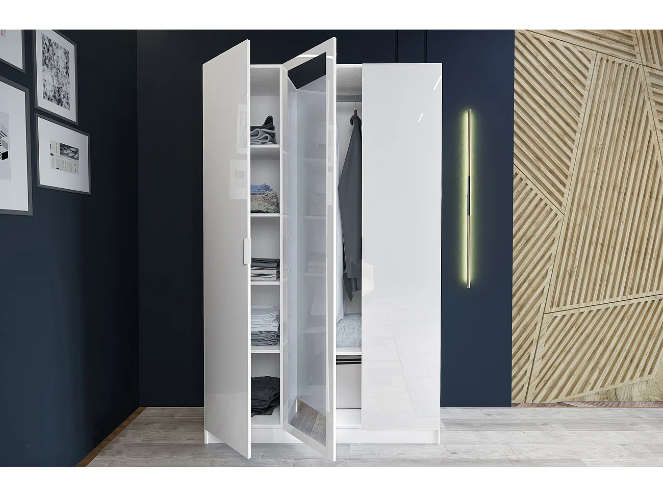 Armadio con tre ante battenti design moderno con specchio centrale 120x190 bianco lucido AI1