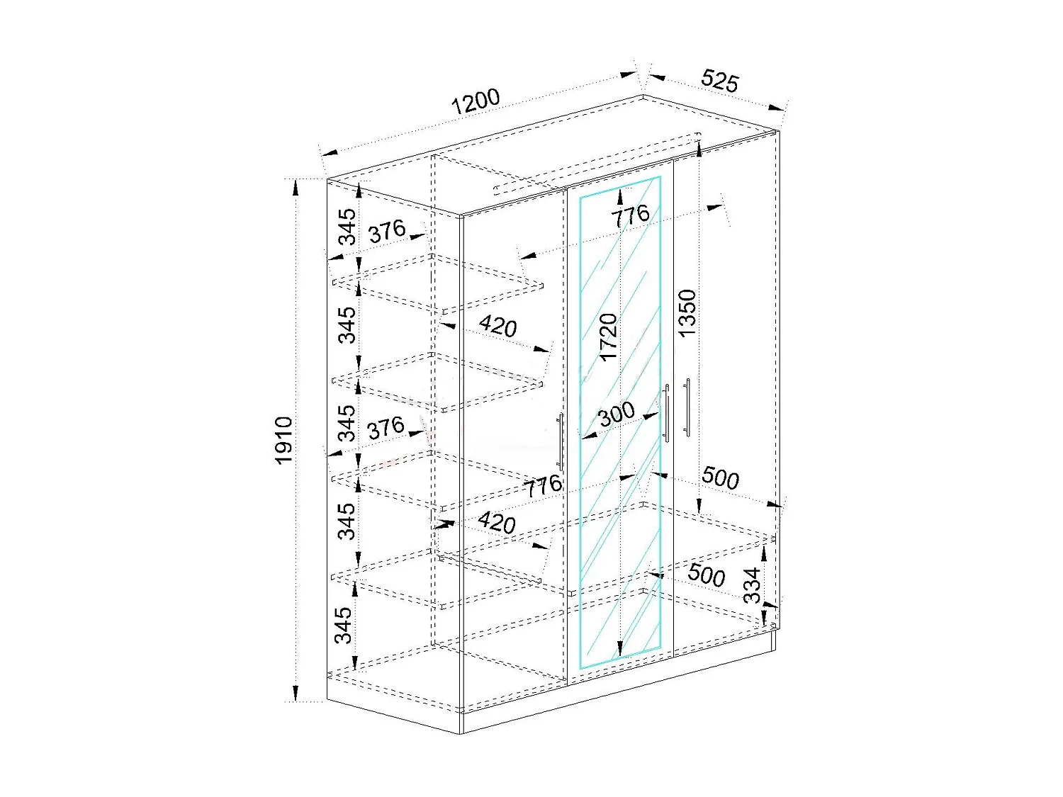 Armadio con tre ante battenti design moderno con specchio centrale 120x190 bianco lucido AI1