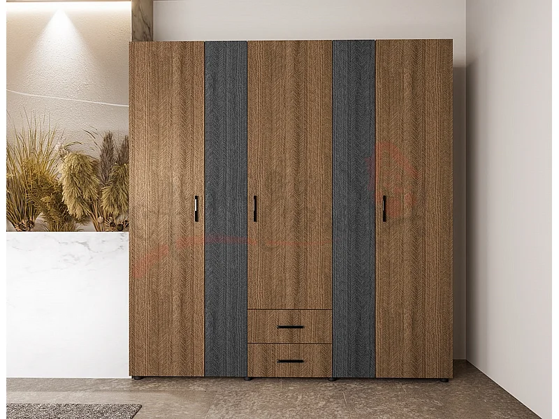Armadio con tre ante battenti e due cassetti effetto legno moderno 190x202 noce e grigio grafite AI11