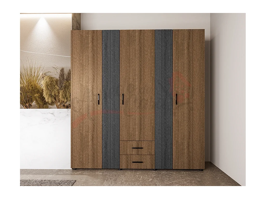 Armadio con tre ante battenti e due cassetti effetto legno moderno 190x202 noce e grigio grafite AI11