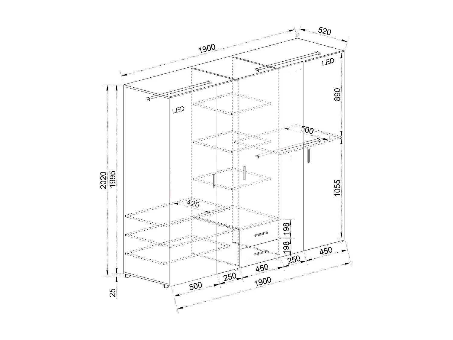 Armadio con tre ante battenti e due cassetti effetto legno moderno 190x202 noce e grigio grafite AI11