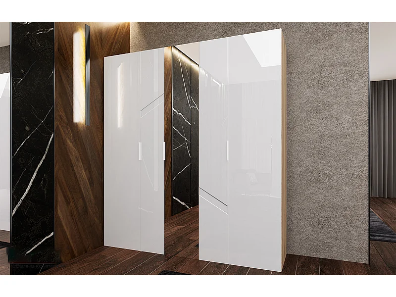Armadio moderno con quattro ante battenti e specchio centrale 200x220 rovere e bianco lucido AI18