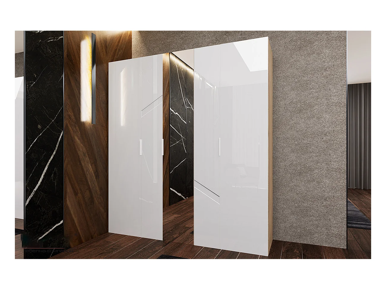 Armadio moderno con quattro ante battenti e specchio centrale 200x220 rovere e bianco lucido AI18