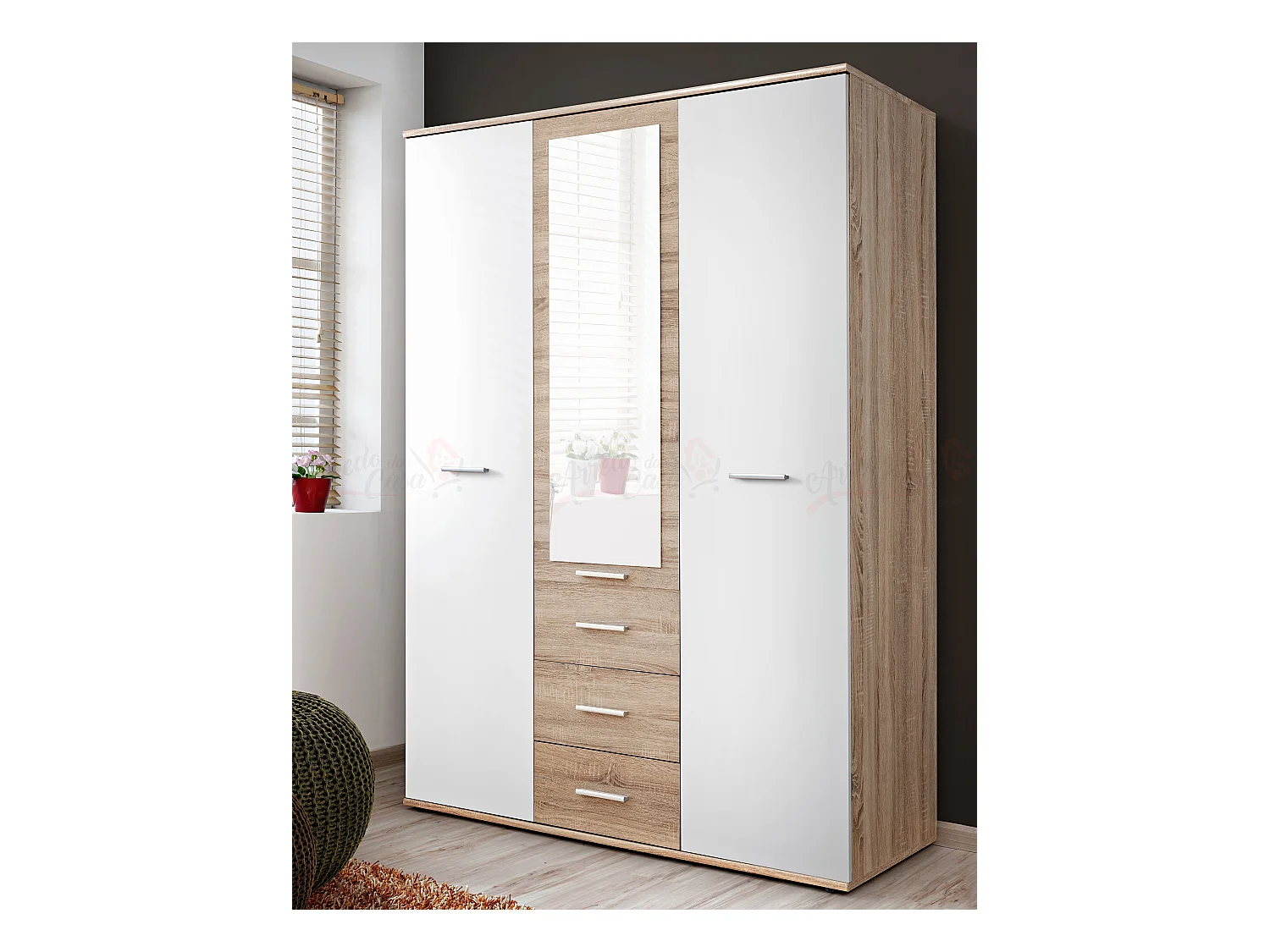 Armadio a colonna con anta battente con cassetto e luci LED da camera 40x200 quercia e bianco lucido ACP3