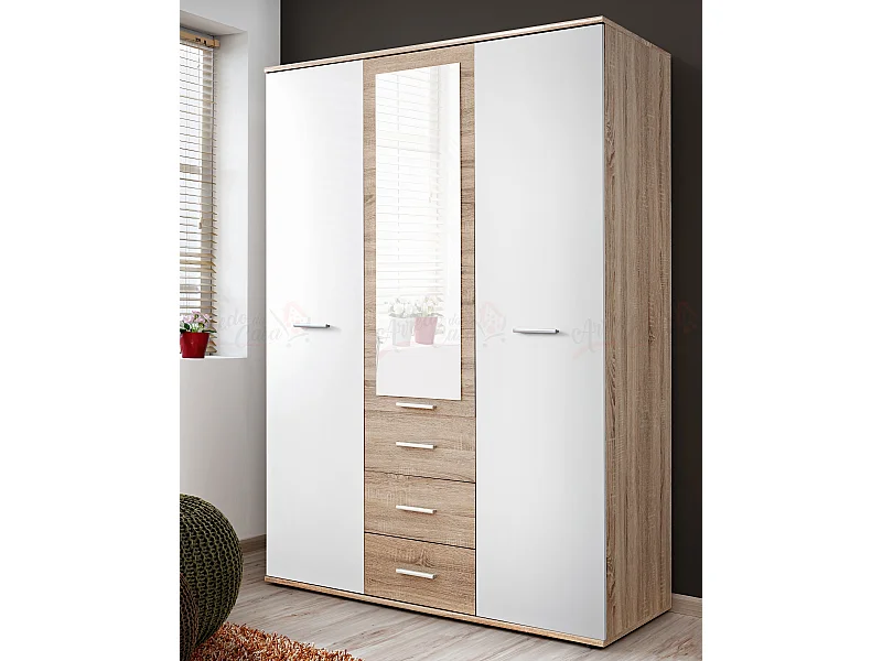 Armadio a colonna con anta battente con cassetto e luci LED da camera 40x200 quercia e bianco lucido ACP3