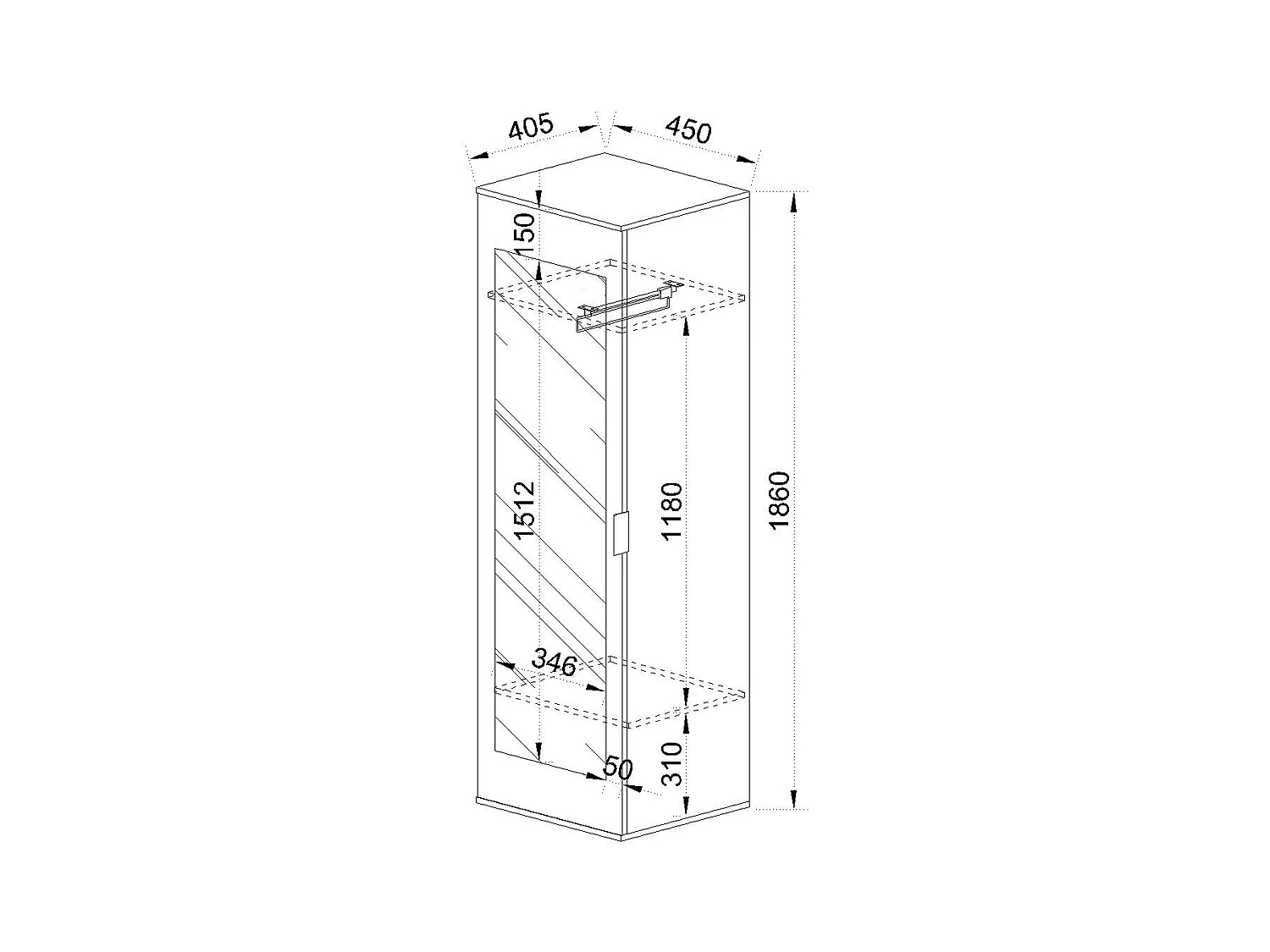 Armadio a colonna con singola anta parzialmente specchiata 45x186 antracite e rovere AI20