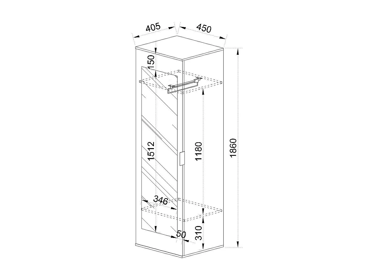 Armadio a colonna con singola anta parzialmente specchiata 45x186 antracite e rovere AI20