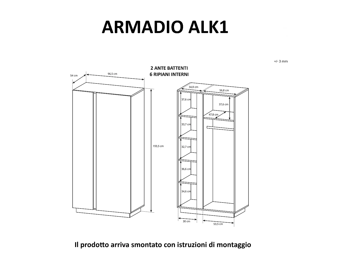 Armadio 96x193cm con 2 ante battenti moderno bianco ALK1