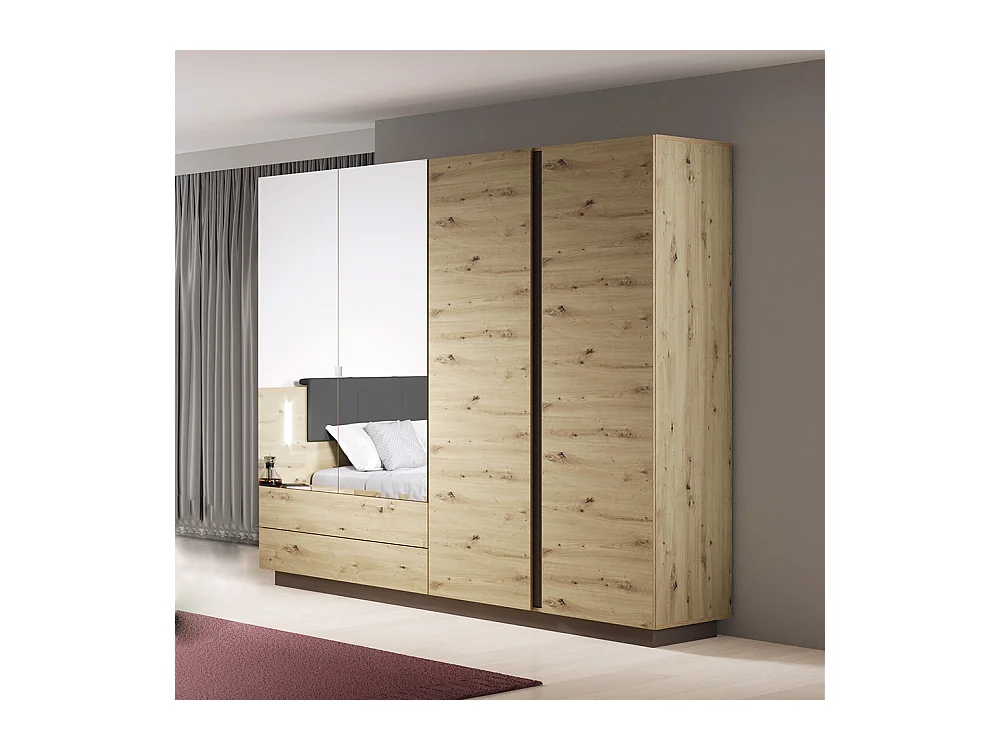 Armadio 220x202 con 4 ante battenti con specchio e 2 cassetti moderno rovere ALK2