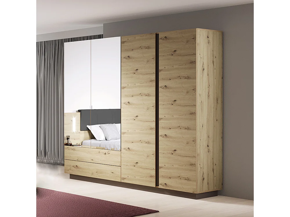 Armadio 220x202 con 4 ante battenti con specchio e 2 cassetti moderno rovere ALK2