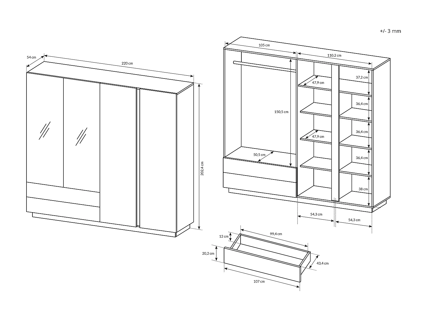 Armadio 220x202 con 4 ante battenti con specchio e 2 cassetti moderno rovere ALK2