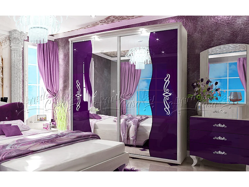 Armadio a 2 ante scorrevoli con specchio bianco e viola AU11