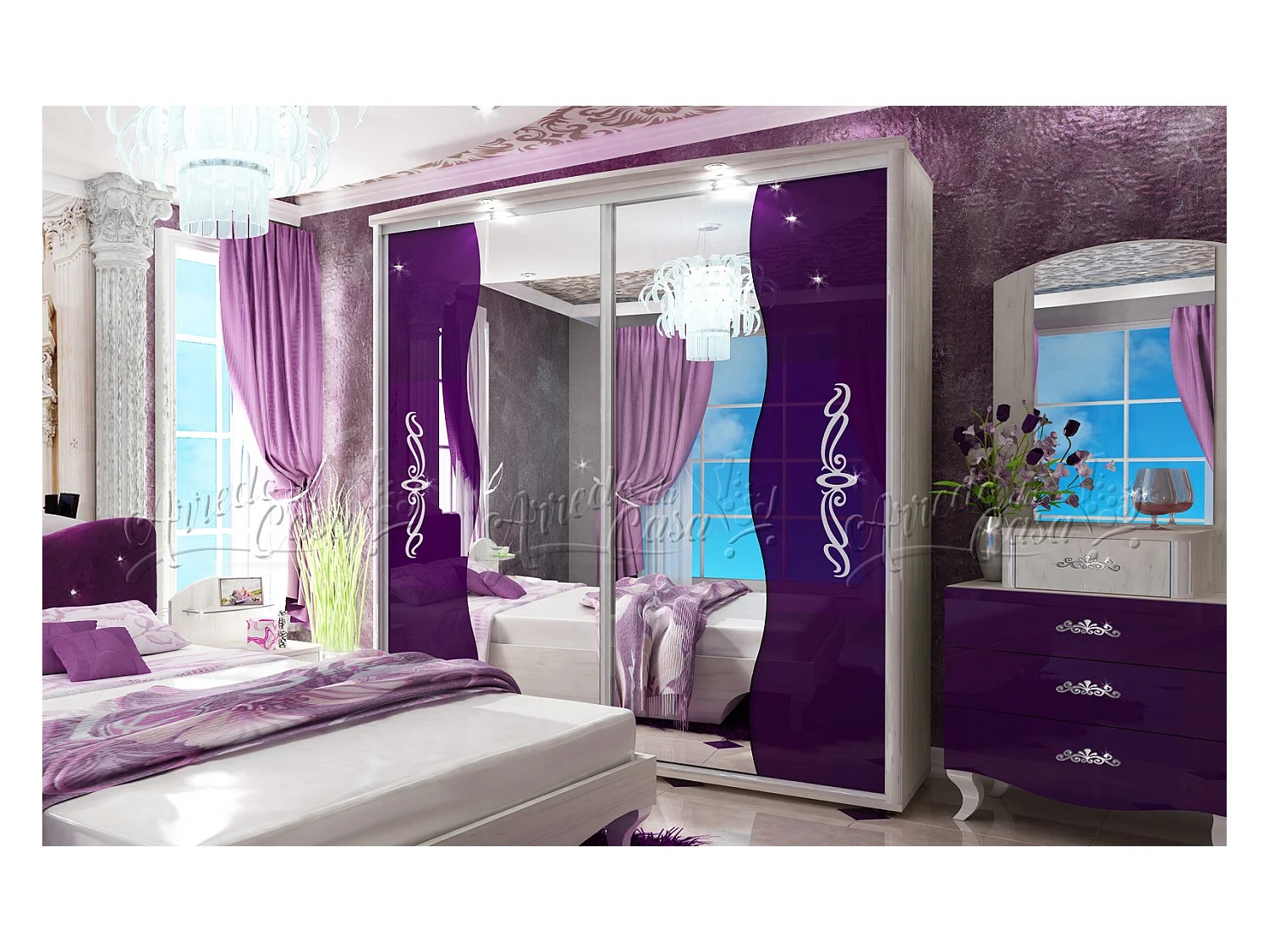 Armadio a 2 ante scorrevoli con specchio bianco e viola AU11