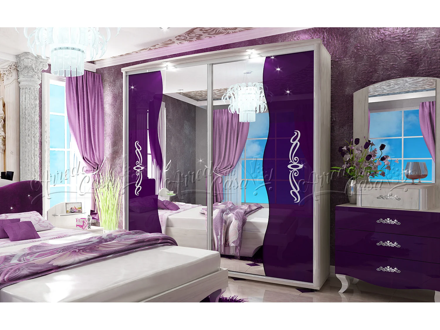 Armadio a 2 ante scorrevoli con specchio bianco e viola AU11