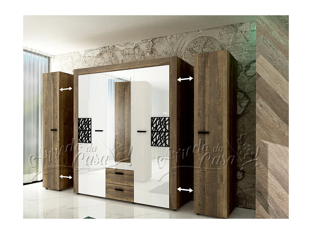Armadio con anta battente design moderno con due cassetti 160x200 rovere scuro e bianco lucido AU41