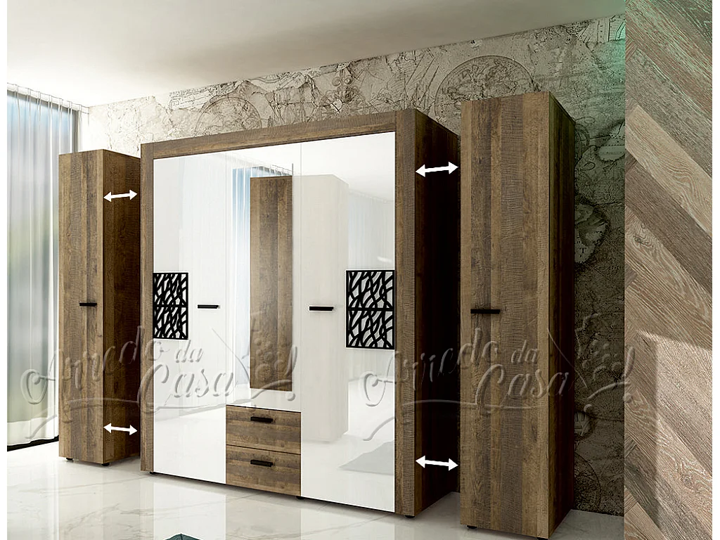 Armadio con anta battente design moderno con due cassetti 160x200 rovere scuro e bianco lucido AU41