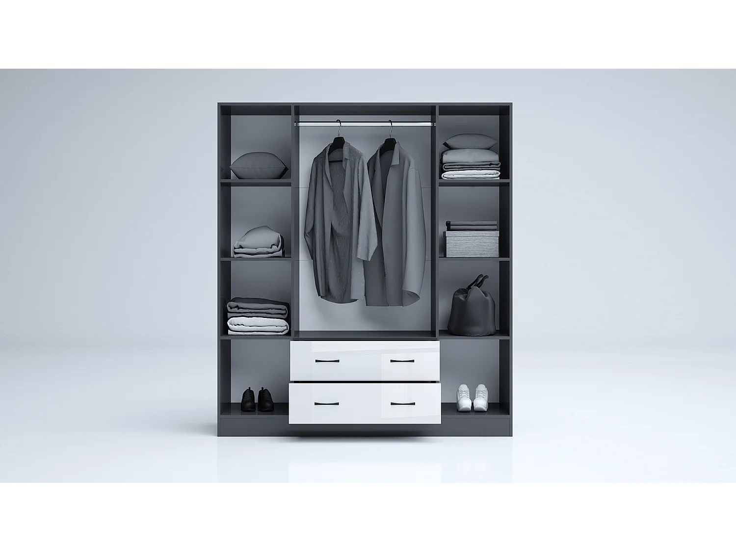 Armadio 4 ante battenti e 2 cassetti 160x181x52 cm bianco lucido/antracite AG49