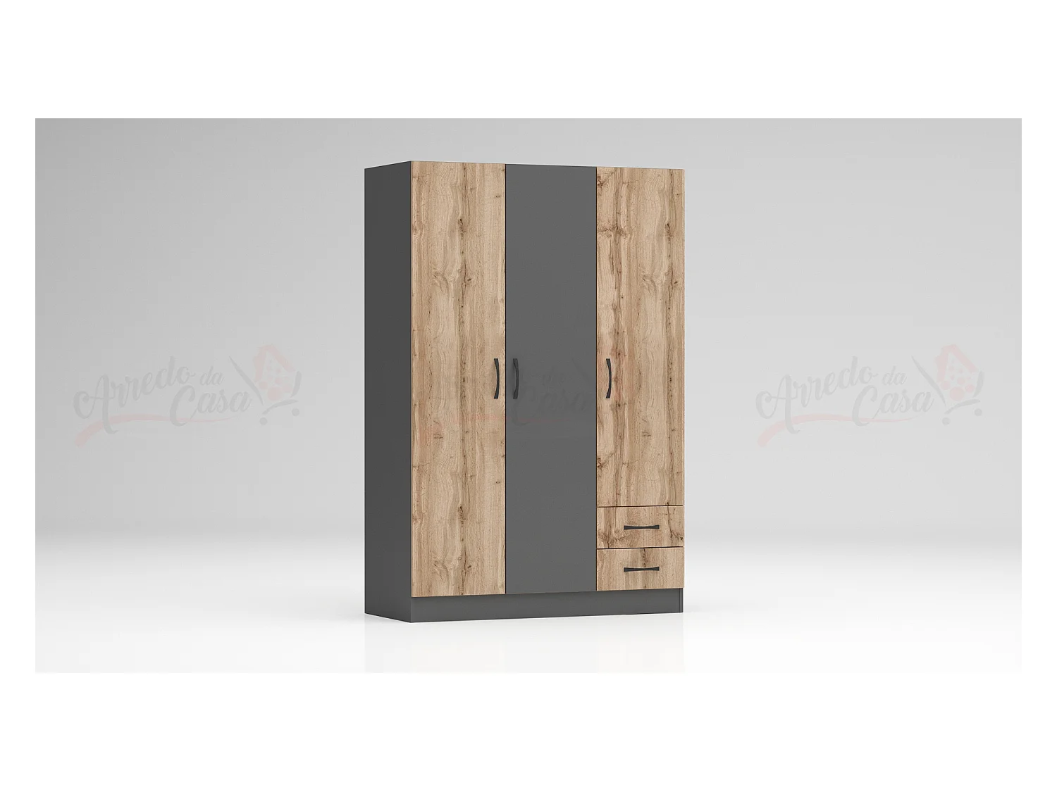 Armadio a tre ante battenti stile classico con due cassetti effetto legno 120x181 rovere e antracite AG2