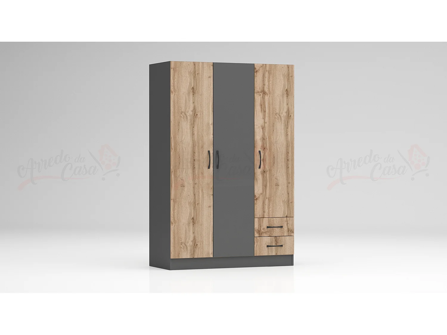 Armadio a tre ante battenti stile classico con due cassetti effetto legno 120x181 rovere e antracite AG2