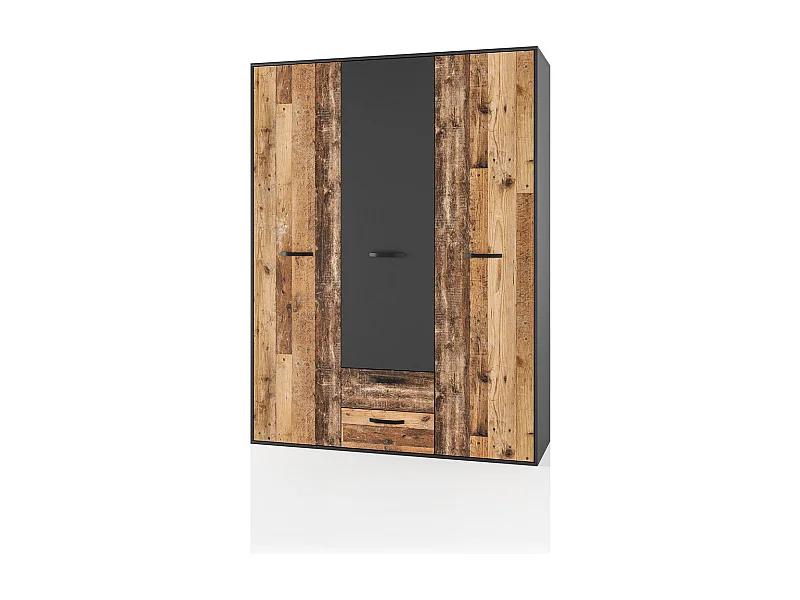 Armadio da camera moderno a tre ante battenti e tre cassetti 150x200 antracite ed effetto legno AI21
