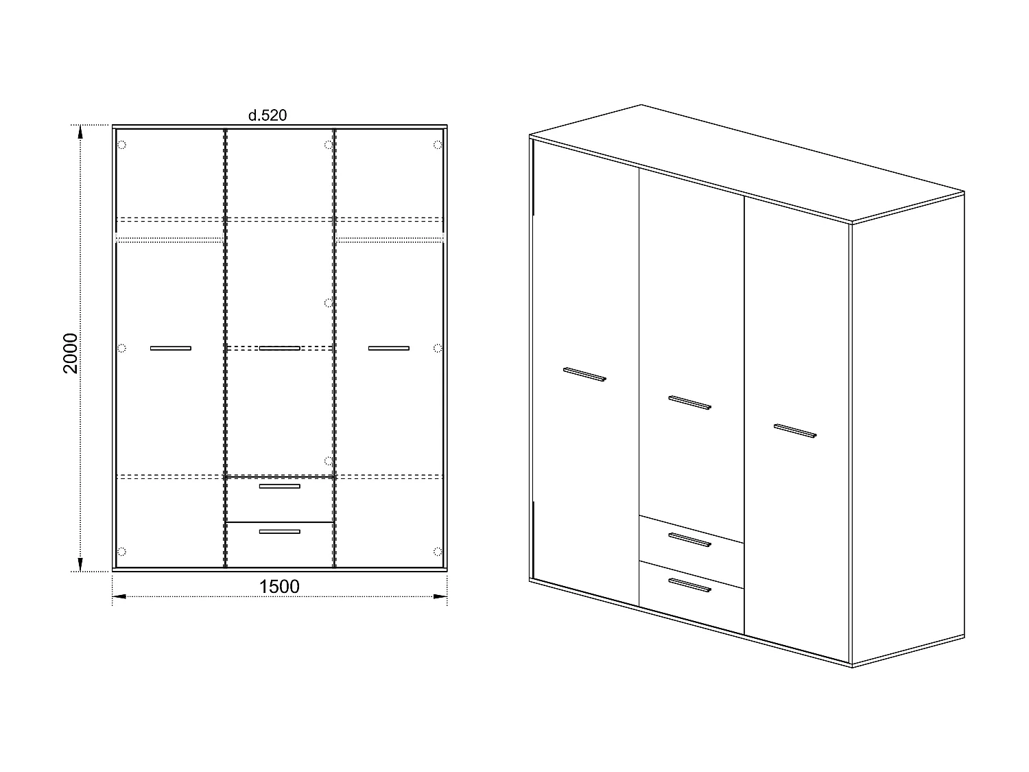 Armadio da camera moderno a tre ante battenti e tre cassetti 150x200 antracite ed effetto legno AI21