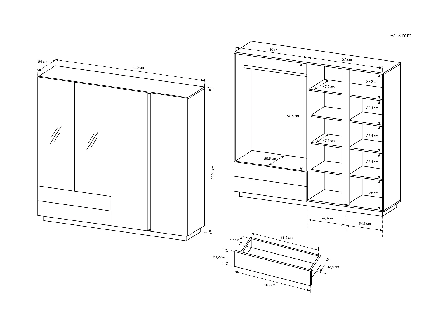 Armadio 220x202cm con 4 ante battenti con specchio e 2 cassetti moderno bianco ALK2