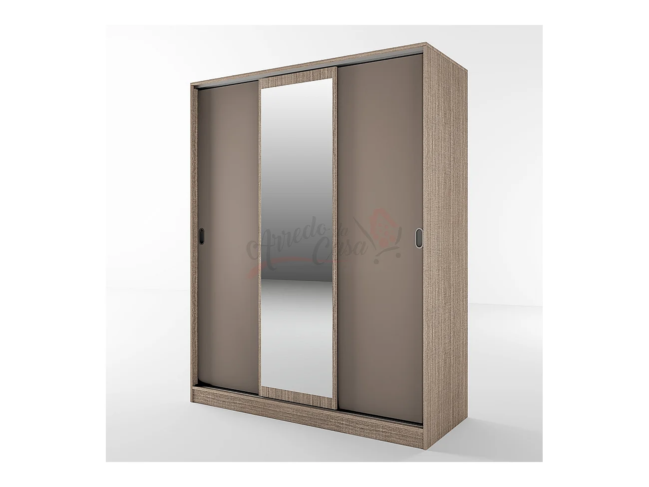 Armadio con tre ante scorrevoli e specchio design moderno effetto legno 150x191 beige scuro e lino AI1006