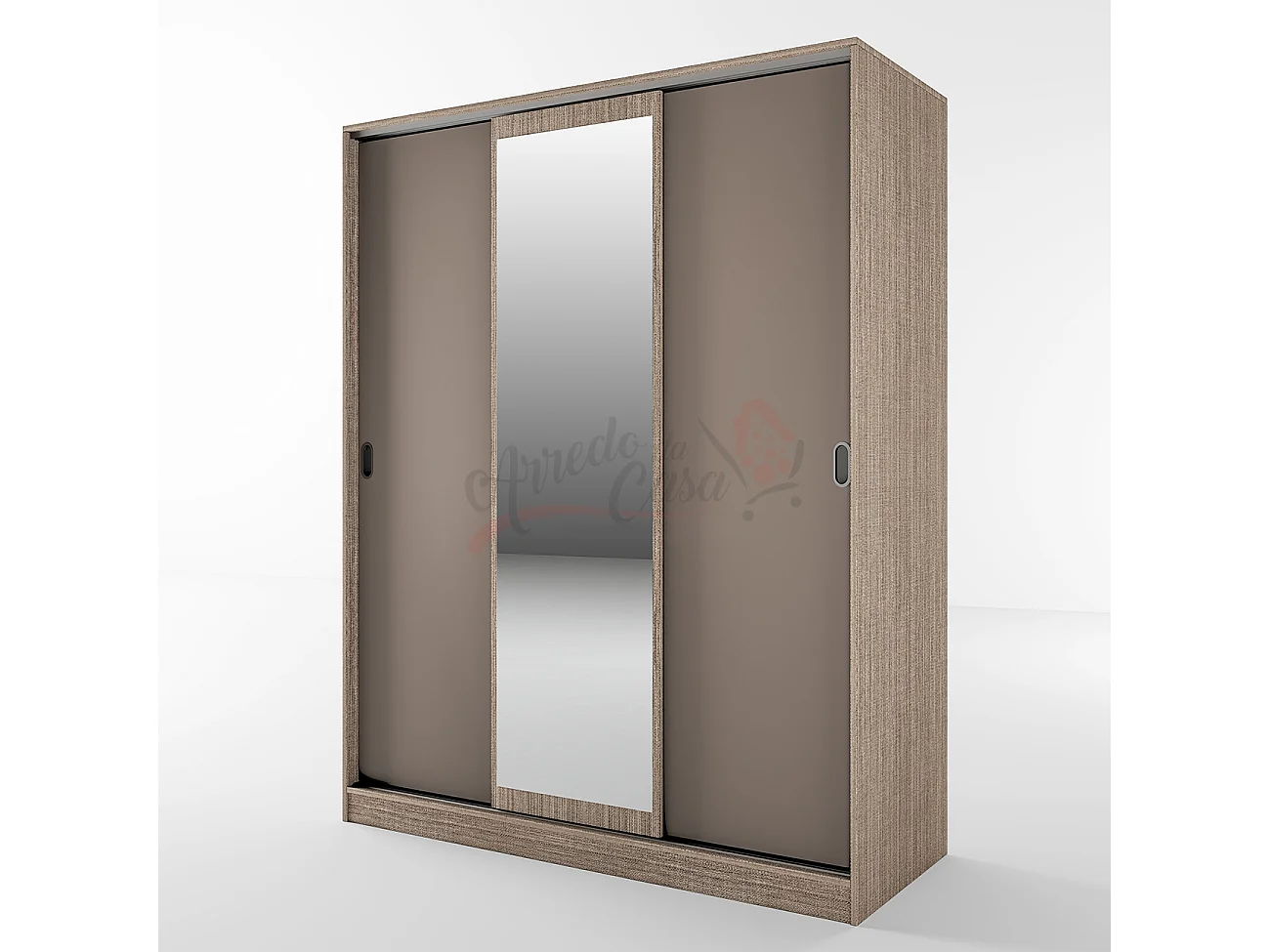 Armadio con tre ante scorrevoli e specchio design moderno effetto legno 150x191 beige scuro e lino AI1006