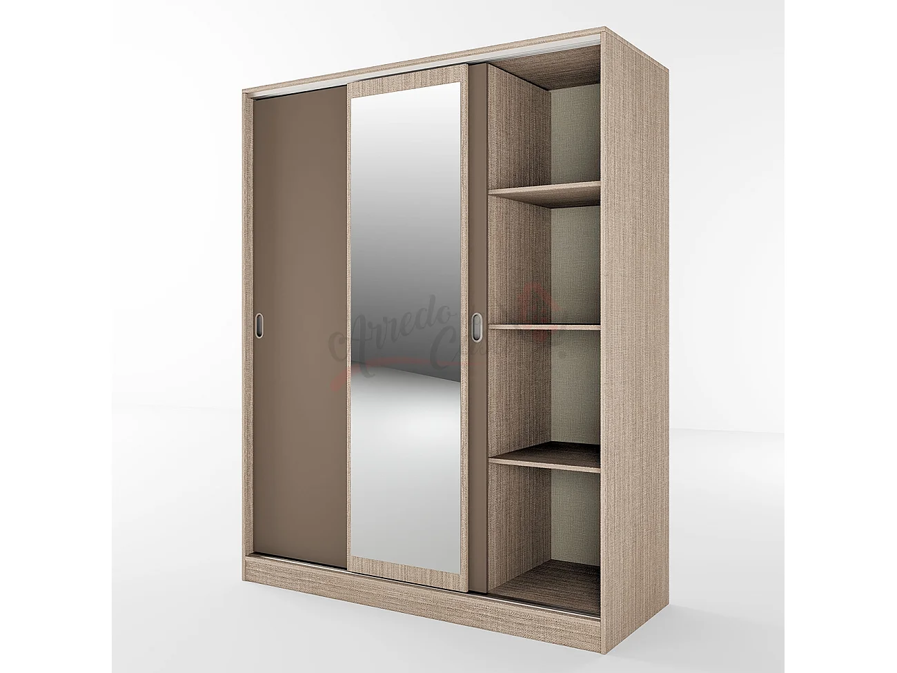 Armadio con tre ante scorrevoli e specchio design moderno effetto legno 150x191 beige scuro e lino AI1006