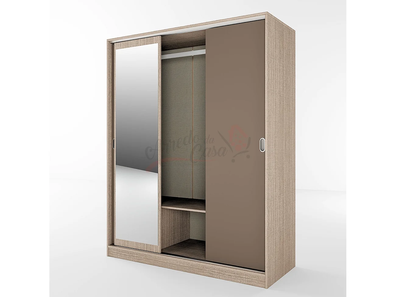 Armadio con tre ante scorrevoli e specchio design moderno effetto legno 150x191 beige scuro e lino AI1006