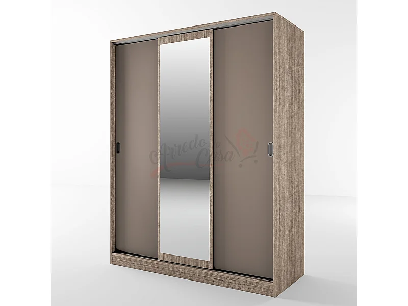 Armadio con tre ante scorrevoli e specchio design moderno effetto legno 150x191 beige scuro e lino AI1006
