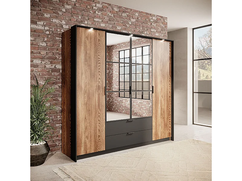 Armadio 223x210cm con 4 ante battenti con specchio e 2 cassetti con luci LED marrone con dettagli neri ALK8