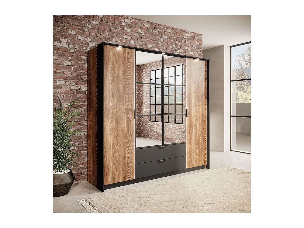 Armadio 223x210cm con 4 ante battenti con specchio e 2 cassetti con luci LED marrone con dettagli neri ALK8