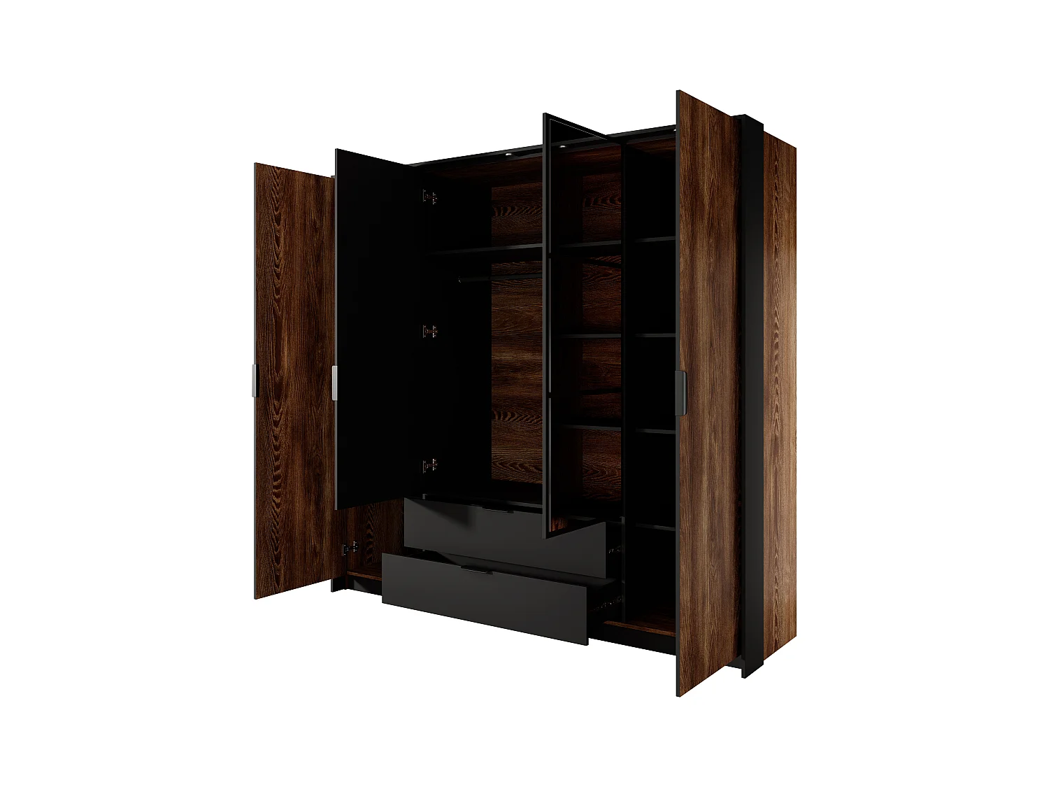 Armadio 223x210cm con 4 ante battenti con specchio e 2 cassetti con luci LED marrone con dettagli neri ALK8