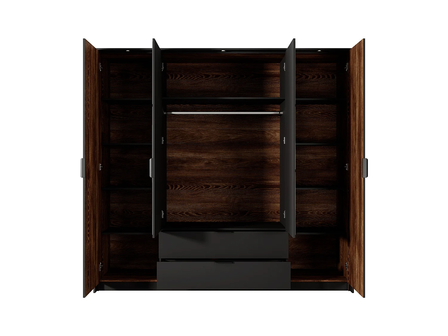 Armadio 223x210cm con 4 ante battenti con specchio e 2 cassetti con luci LED marrone con dettagli neri ALK8