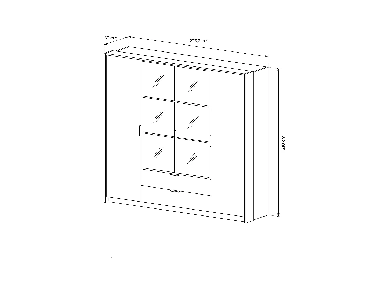 Armadio 223x210cm con 4 ante battenti con specchio e 2 cassetti con luci LED marrone con dettagli neri ALK8