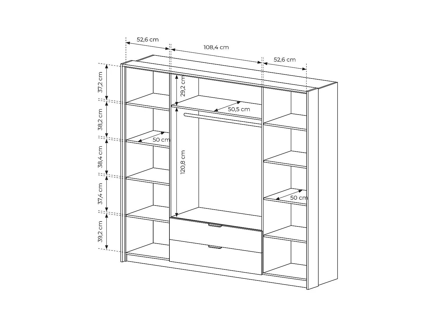 Armadio 223x210cm con 4 ante battenti con specchio e 2 cassetti con luci LED marrone con dettagli neri ALK8