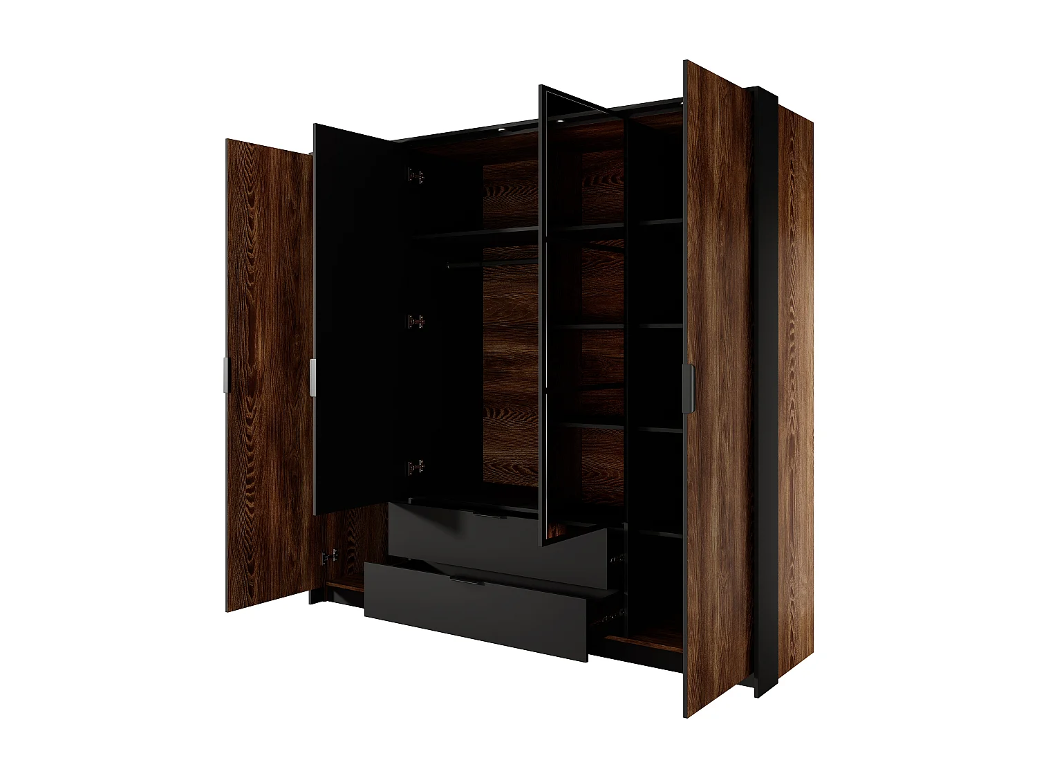 Armadio 223x210cm con 4 ante battenti con specchio e 2 cassetti con luci LED marrone con dettagli neri ALK8