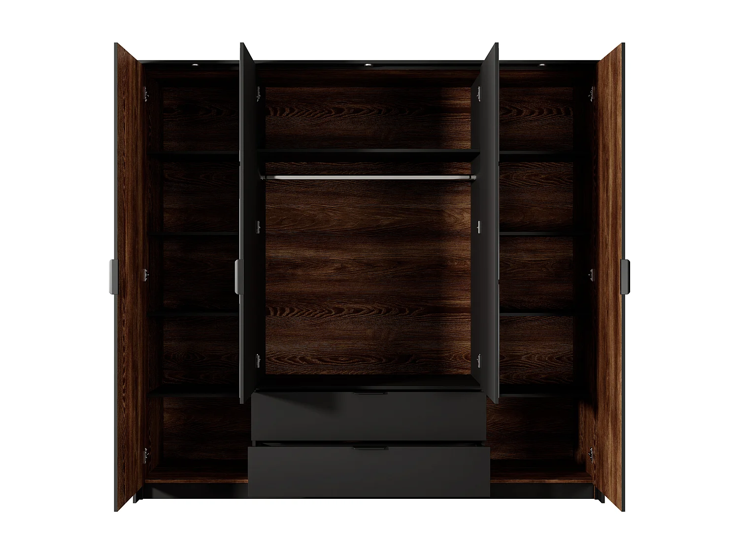 Armadio 223x210cm con 4 ante battenti con specchio e 2 cassetti con luci LED marrone con dettagli neri ALK8