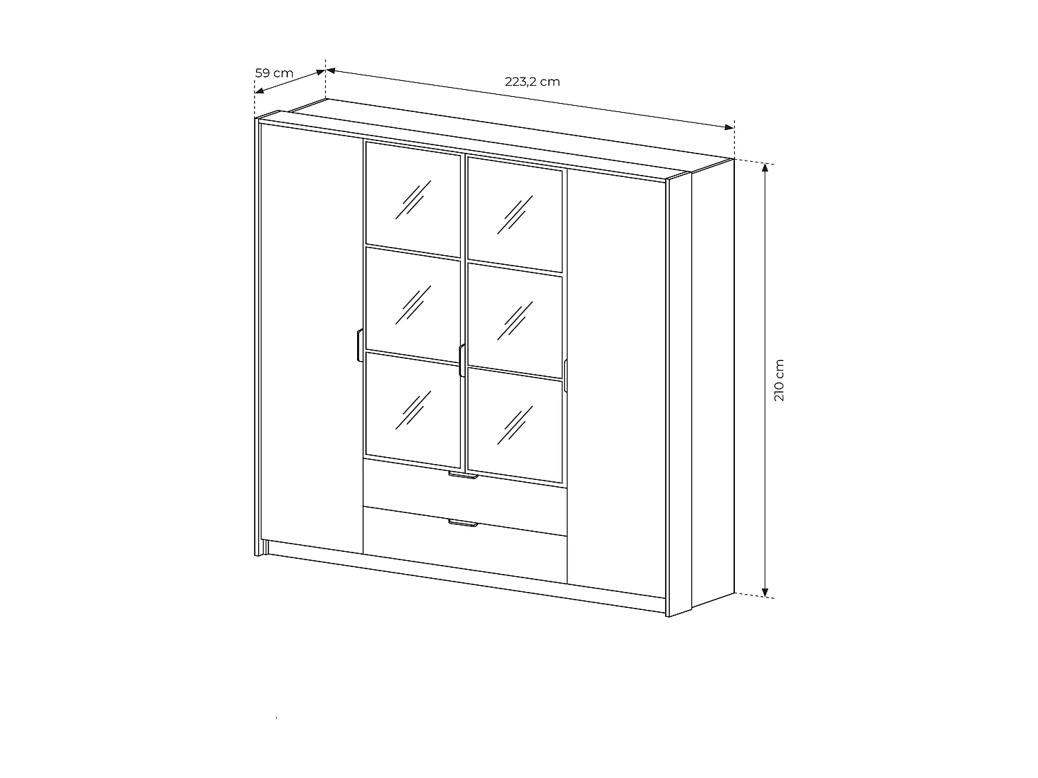 Armadio 223x210cm con 4 ante battenti con specchio e 2 cassetti con luci LED marrone con dettagli neri ALK8